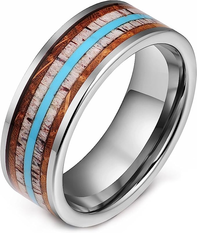 Genuine Carbide Tungsten Color: 8mm Silver  Turquoise, Whiskey Barrel Wood, and abalone shell inlay Silver Inner high polished inner-face design smooth and shiny. Comfort Fit Wedding Band Size 6-15