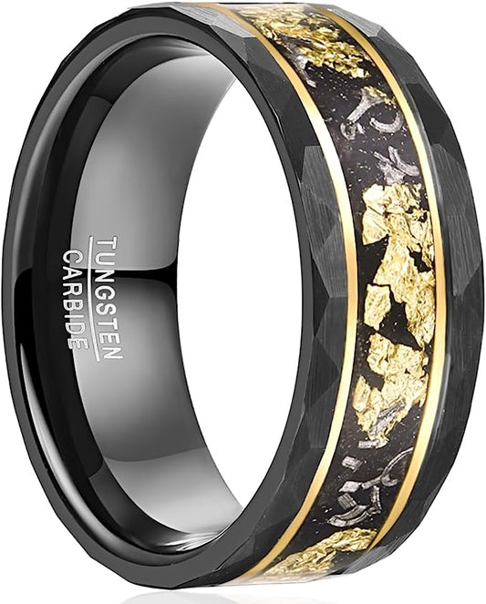 Genuine Carbide Tungsten Color: Black Rose Gold Strips and Meteorite Center Inlay 8mm RING Polished Shiny Comfort Fit Wedding Band Size Size 7-12