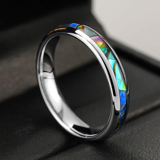 One: Genuine Carbide Tungsten Color:   SILVER 4mm RING Abalone Shell Inlay Polished Shiny Comfort Fit Wedding Band Size 6-15