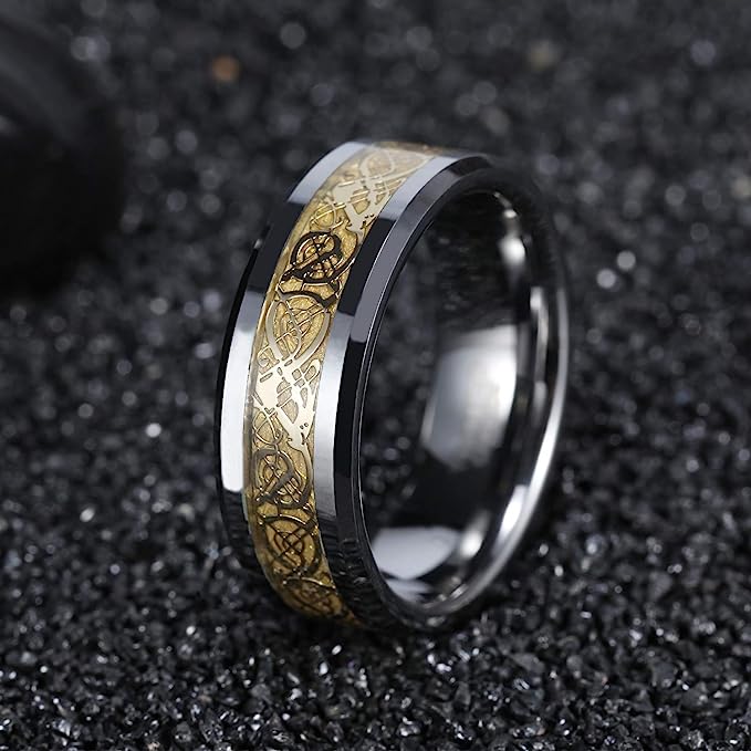 Genuine Carbide Tungsten Color: SILVER Celtic Dragon GOLD Fiber Inlay 8mm RING Polished Shiny Comfort Fit Wedding Band Size Size 6-15