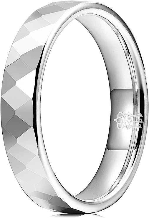 Genuine Carbide Tungsten Color: SILVER Multi Faceted Edge Center 4mm RING   High Polish inner face makes it smooth and shiny Comfort Fit Wedding Band Size 6-15