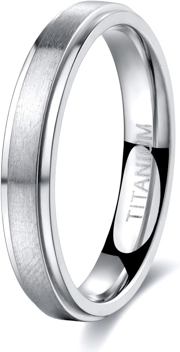 Genuine Titanium Silver Brushed 4mm Wide Stepped Beveled Edges  Ring Wedding Band High Polished Comfort Fit.