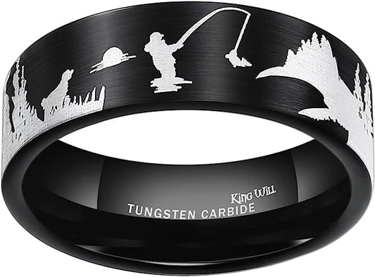 Genuine Carbide Tungsten Color: BLACK Tungsten 8mm RING Forest Landscape Tungsten Ring Outdoor Forest Scenery Laser Hunting Mountain/Trout Lake Fly Fishing Enthusiasts/Deer Family Inner Inlay Wood,