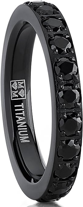 Genuine Titanium Black 3mm Wide Ring  Black Pave Cubic Zirconia Eternity High Polished Comfort Fit.