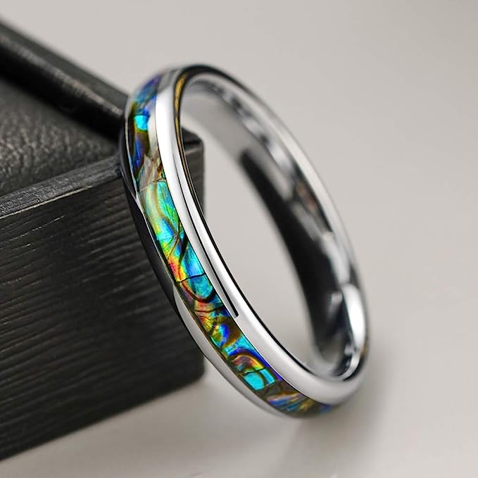 One: Genuine Carbide Tungsten Color:   SILVER 4mm RING Abalone Shell Inlay Polished Shiny Comfort Fit Wedding Band Size 6-15