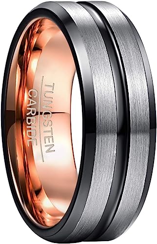 Genuine Tungsten Carbide 8mm Ring - Black Brushed Matte finish, Black Thin line and Beveled Edge Comfort Fit Size 6-15