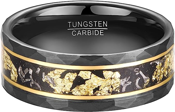 Genuine Carbide Tungsten Color: Rose Gold Strips and Meteorite Inlay Hammered BRUSHED 8mm RING Polished Shiny Comfort Fit Wedding Band Size Size 7-12