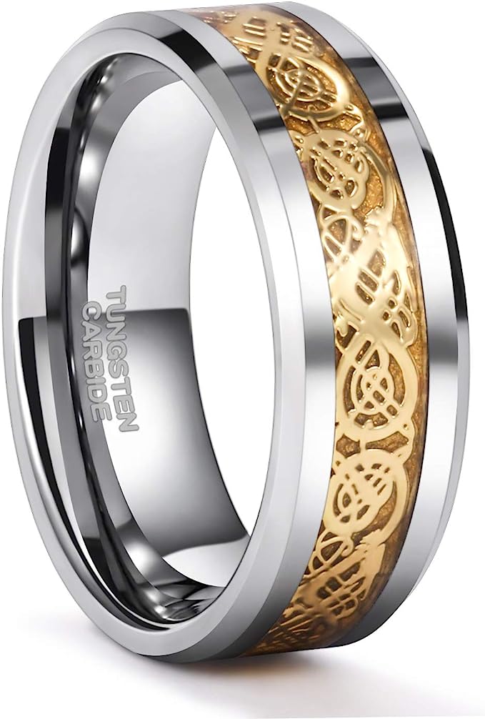 Genuine Carbide Tungsten Color: SILVER Celtic Dragon GOLD Fiber Inlay 8mm RING Polished Shiny Comfort Fit Wedding Band Size Size 6-15