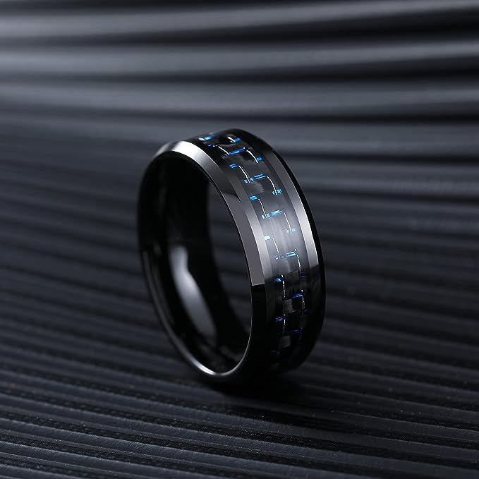 Genuine Carbide Tungsten Color: 8mm Black Blue Carbon fiber Inlay High polished inner-face design smooth and shiny. Comfort Fit Wedding Band Size 6-15