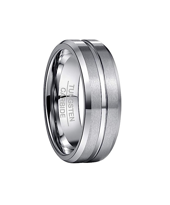 Genuine Tungsten Carbide 8mm Ring - Brushed Silver Matte finish, Sliver Thin line and Beveled Edge Comfort Fit Size 6-15
