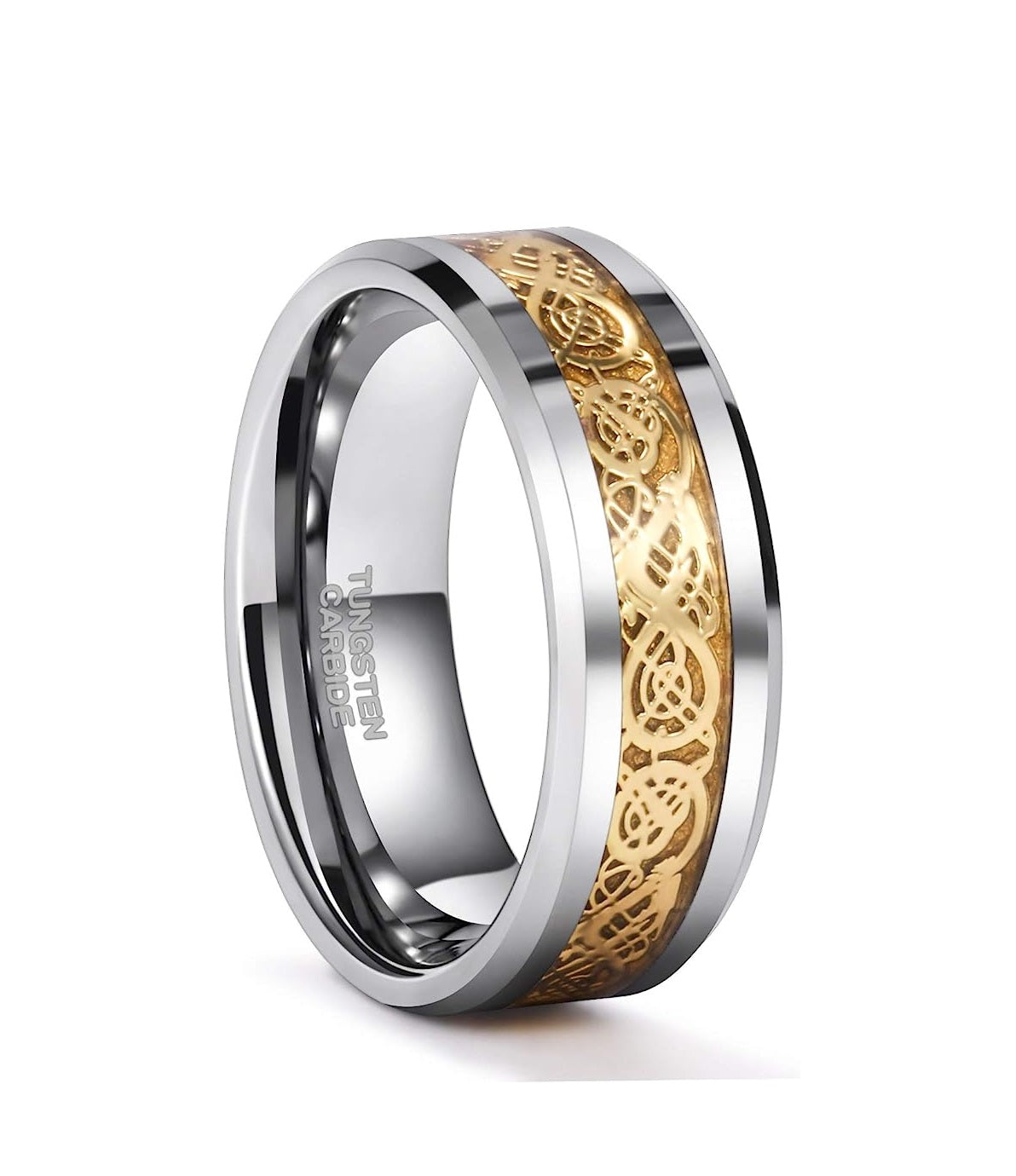 Genuine Carbide Tungsten Color: SILVER Celtic Dragon GOLD Fiber Inlay 8mm RING Polished Shiny Comfort Fit Wedding Band Size Size 6-15