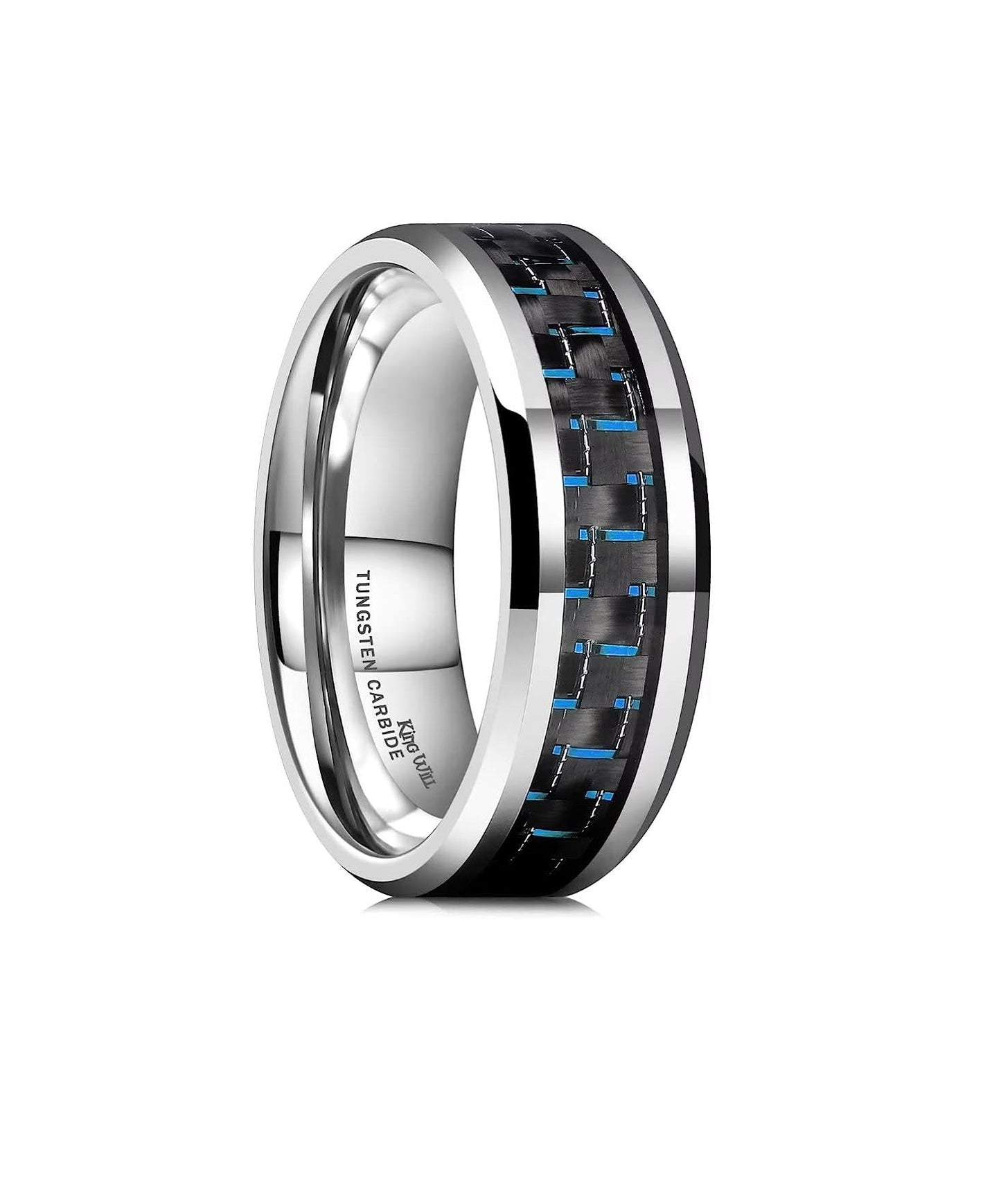 Genuine Carbide Tungsten 8mm Ring Silver-with Blue Black carbon fiber inlay, Comfort Fit wedding band Size 6-15