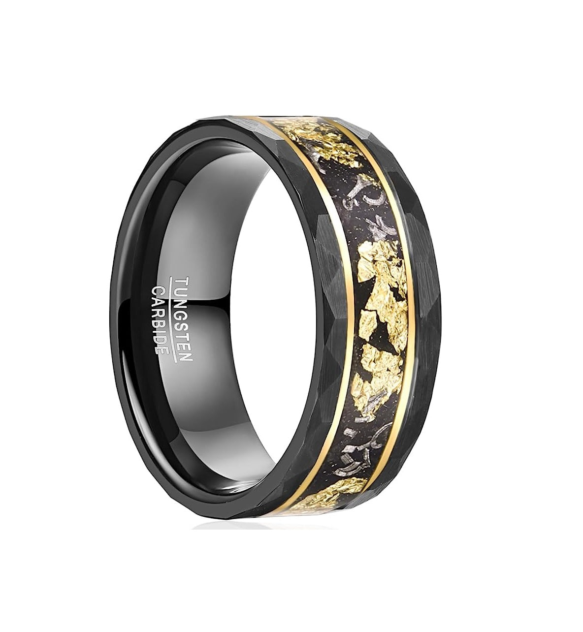 Genuine Carbide Tungsten Color: Rose Gold Strips and Meteorite Inlay Hammered BRUSHED 8mm RING Polished Shiny Comfort Fit Wedding Band Size Size 7-12