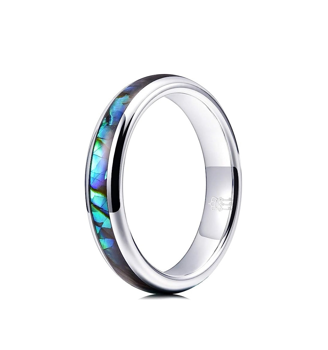 One: Genuine Carbide Tungsten Color:   SILVER 4mm RING Abalone Shell Inlay Polished Shiny Comfort Fit Wedding Band Size 6-15