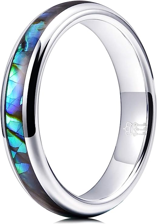 One: Genuine Carbide Tungsten Color:   SILVER 4mm RING Abalone Shell Inlay Polished Shiny Comfort Fit Wedding Band Size 6-15