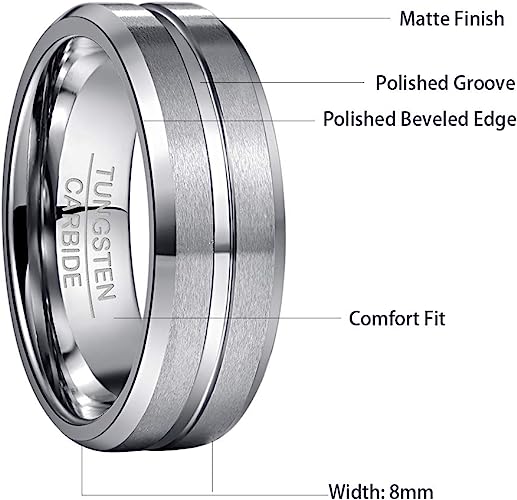 Genuine Tungsten Carbide 8mm Ring - Brushed Silver Matte finish, Sliver Thin line and Beveled Edge Comfort Fit Size 6-15