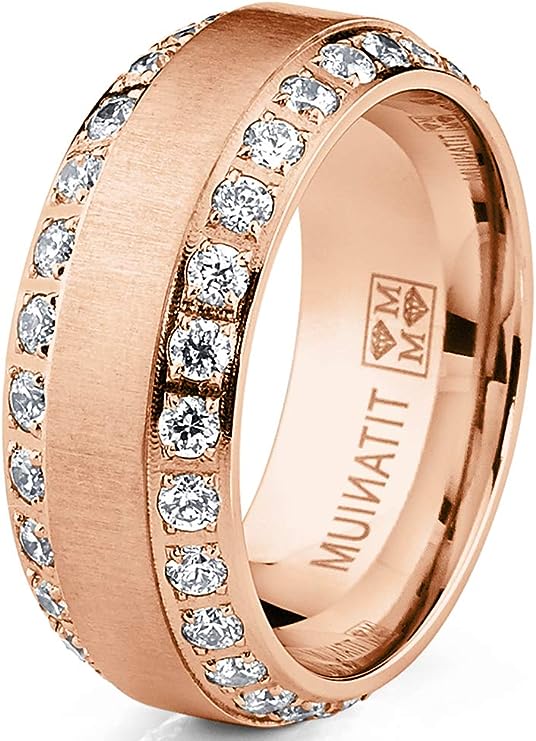 Genuine Titanium Rosegold Tone CZ inlay 8mm Wide Eternity Ring   Wedding Band High Polished Comfort Fit.