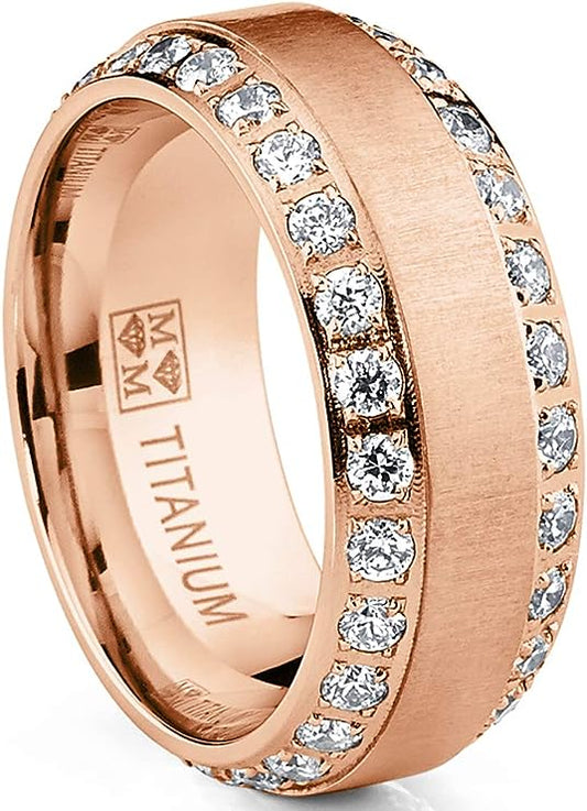 Genuine Titanium Rosegold Tone CZ inlay 8mm Wide Eternity Ring   Wedding Band High Polished Comfort Fit.