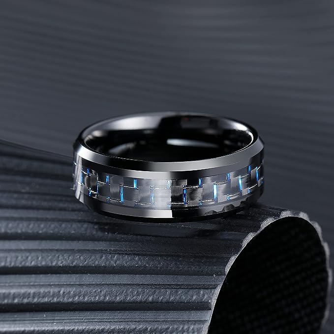 Genuine Carbide Tungsten Color: 8mm Black Blue Carbon fiber Inlay High polished inner-face design smooth and shiny. Comfort Fit Wedding Band Size 6-15