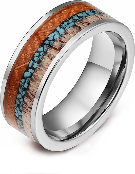 Genuine Carbide Tungsten Color: 8mm Silver  Turquoise, Whiskey Barrel Wood, and Antler, inlay Silver Inner high polished inner-face design smooth and shiny. Comfort Fit Wedding Band Size 6-15