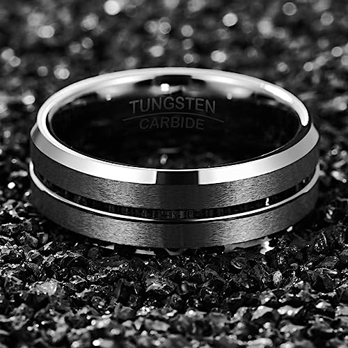 Genuine Tungsten Carbide 8mm Ring - Brushed Silver Matte finish, Sliver Thin line and Beveled Edge Comfort Fit Size 6-15