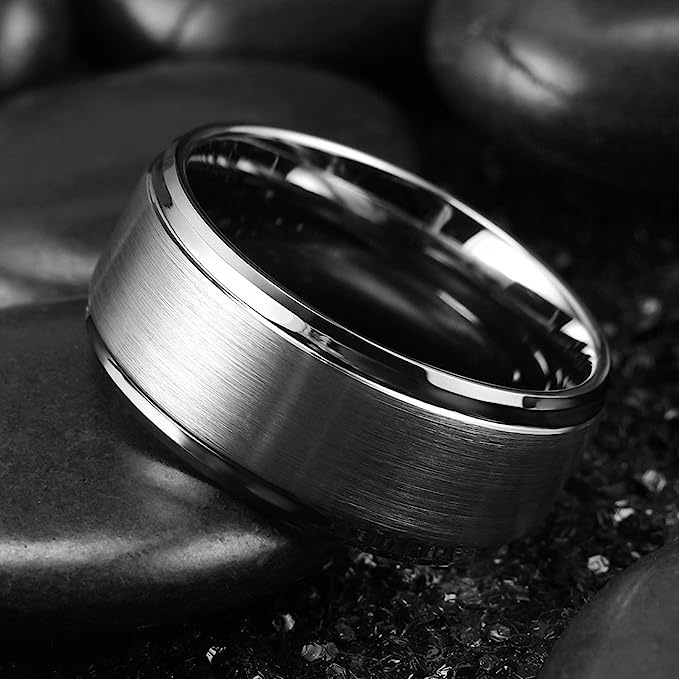 Genuine Carbide Tungsten Color: 10mm Silver Brushed Silver Inner high polished inner-face design smooth and shiny. Comfort Fit Wedding Band Size 6-15