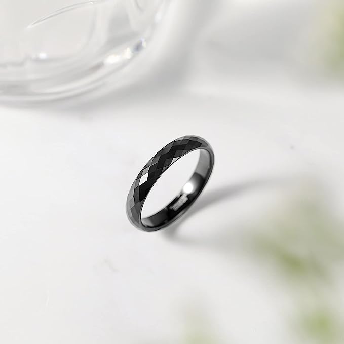 Genuine Carbide Tungsten Color: BLACK Faceted Edge Center 4mm RING   High Polish inner face makes it smooth and shiny Comfort Fit Wedding Band Size 6-1