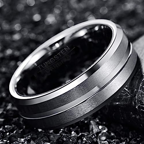Genuine Tungsten Carbide 8mm Ring - Brushed Silver Matte finish, Sliver Thin line and Beveled Edge Comfort Fit Size 6-15