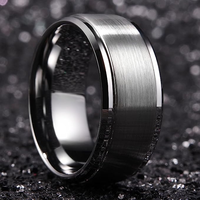 Genuine Carbide Tungsten Color: 10mm Silver Brushed Silver Inner high polished inner-face design smooth and shiny. Comfort Fit Wedding Band Size 6-15