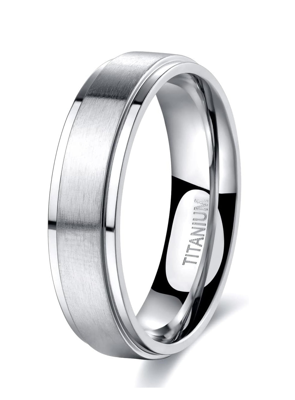 Genuine Titanium Silver Brushed 6mm Wide Stepped Beveled Edges  Ring Wedding Band High Polished Comfort Fit.
