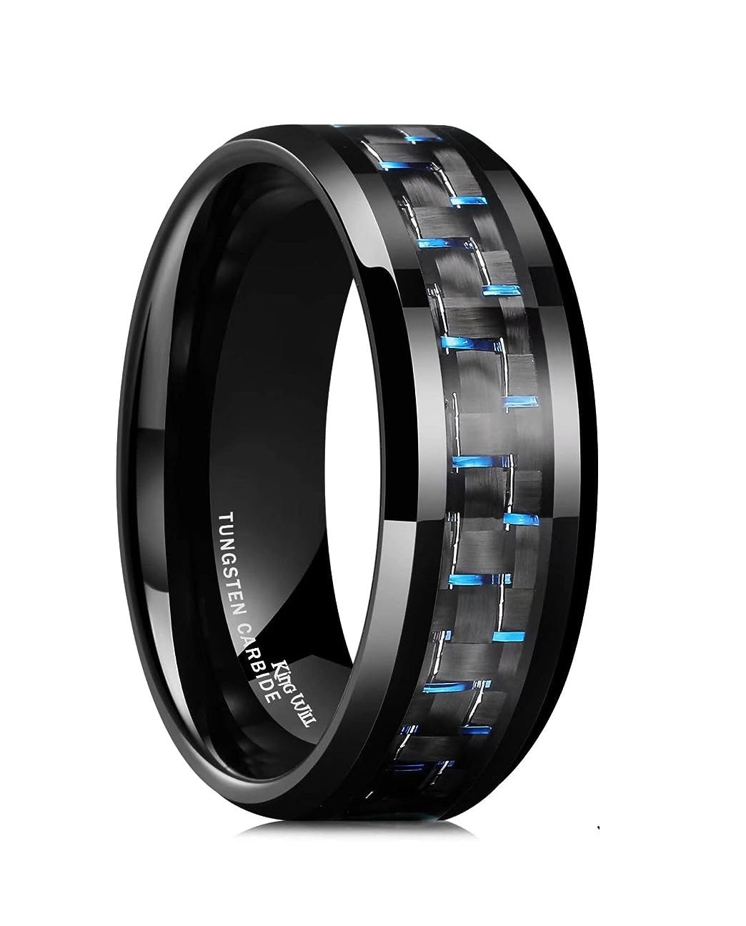 Genuine Carbide Tungsten Color: 8mm Black Blue Carbon fiber Inlay High polished inner-face design smooth and shiny. Comfort Fit Wedding Band Size 6-15