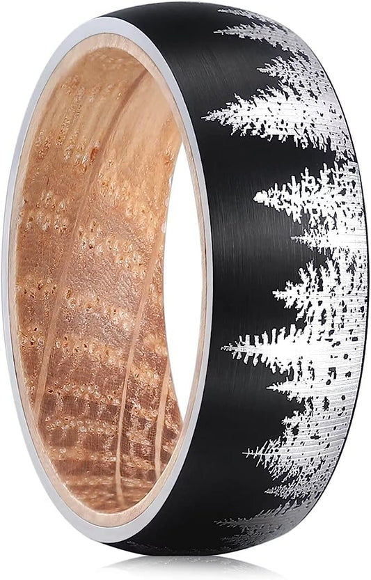 Genuine Carbide Tungsten Color: Black 8mm Laser Silver Matte Lasered Forest and Trees Pattern Rings Inner Inlay Wood, Comfort Fit 8mm Gorgeous Stunning Polished Shiny Comfort Fit Wedding Band Size Size 6-15