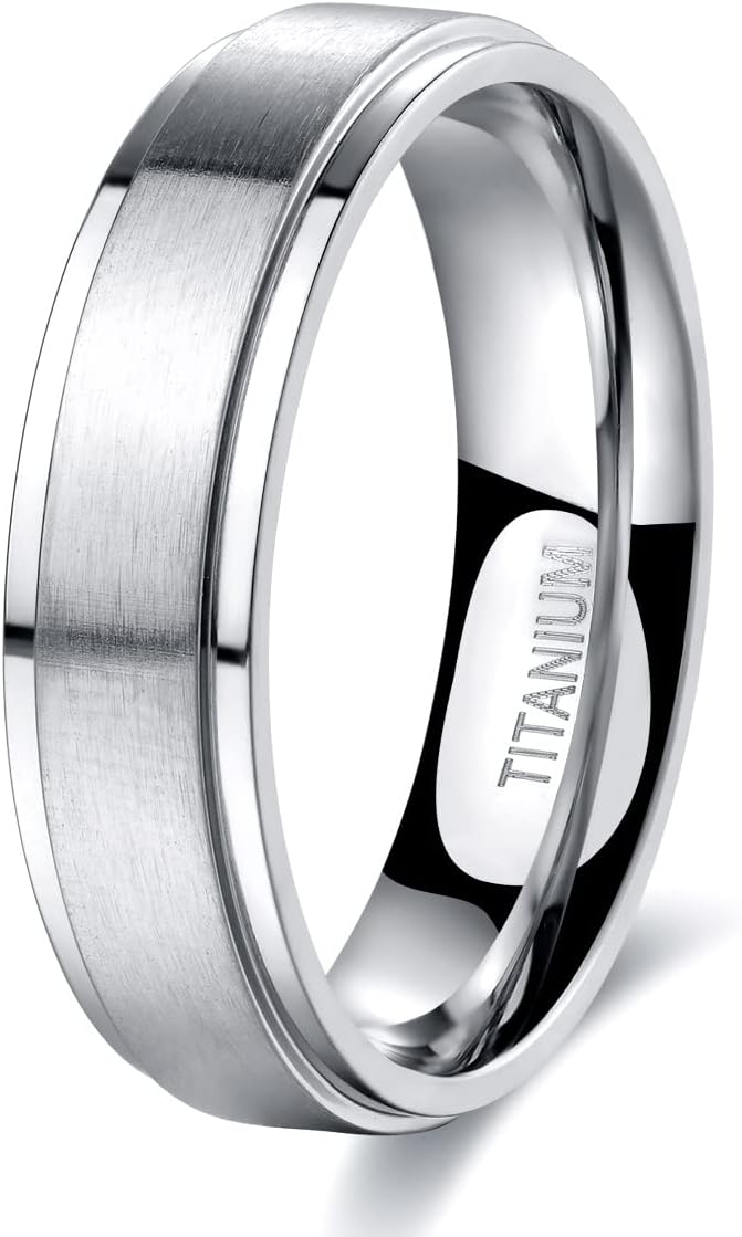 Genuine Titanium Silver Brushed 6mm Wide Stepped Beveled Edges  Ring Wedding Band High Polished Comfort Fit.