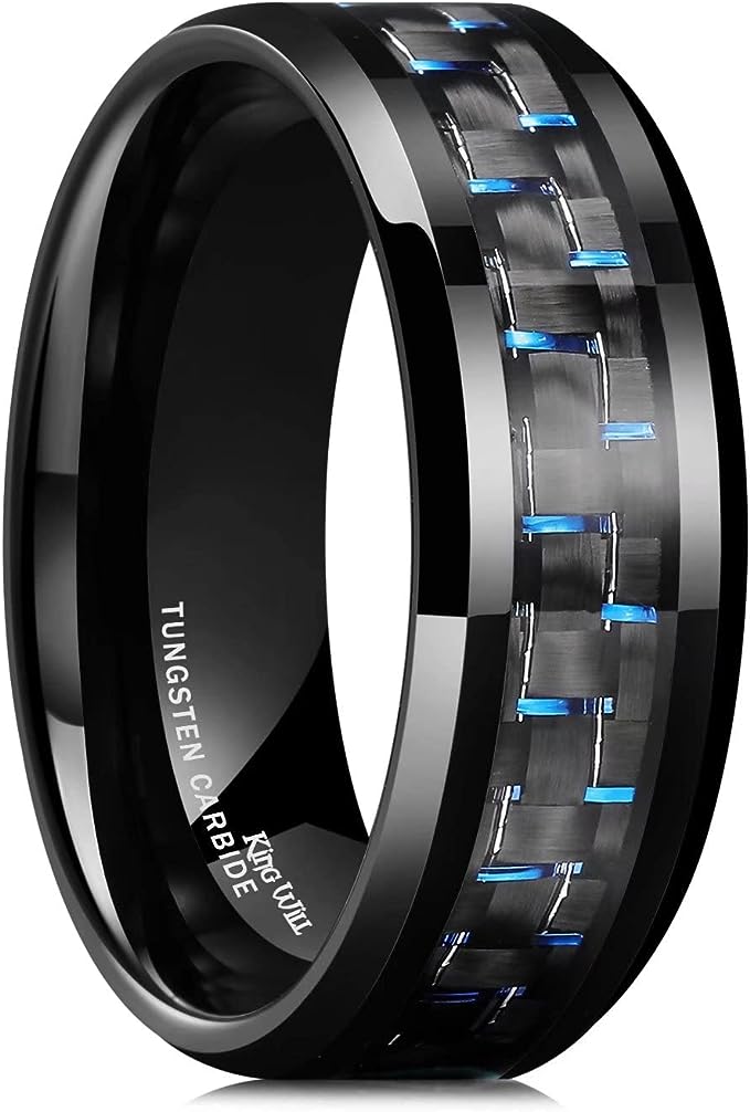 Genuine Carbide Tungsten Color: 8mm Black Blue Carbon fiber Inlay High polished inner-face design smooth and shiny. Comfort Fit Wedding Band Size 6-15