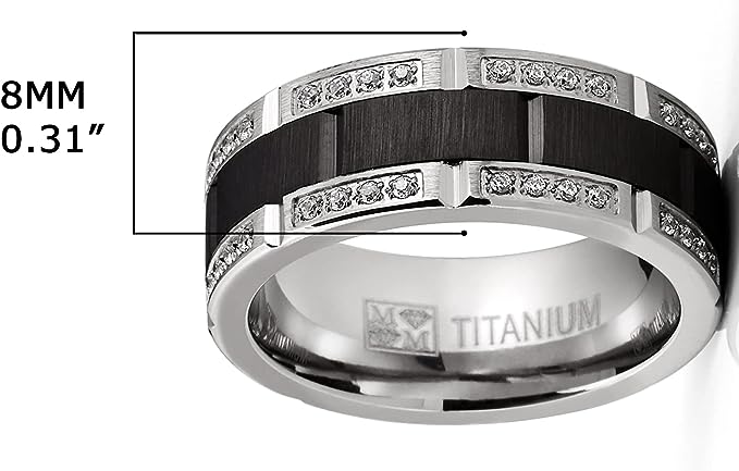 Genuine Titanium Silver CZ inlay 8mm Wide Ring   High Polished Comfort Fit.