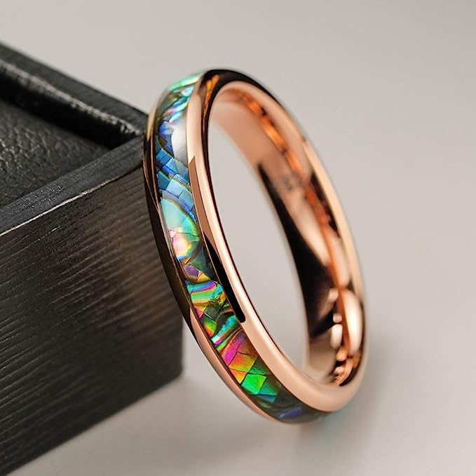 Genuine Carbide Tungsten Color:   Rose Gold 4mm RING Abalone Shell Inlay Polished Shiny Comfort Fit Wedding Band Size 6-15