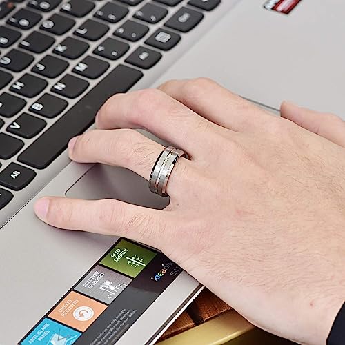 Genuine Tungsten Carbide 8mm Ring - Brushed Silver Matte finish, Sliver Thin line and Beveled Edge Comfort Fit Size 6-15
