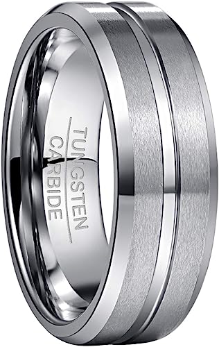 Genuine Tungsten Carbide 8mm Ring - Brushed Silver Matte finish, Sliver Thin line and Beveled Edge Comfort Fit Size 6-15