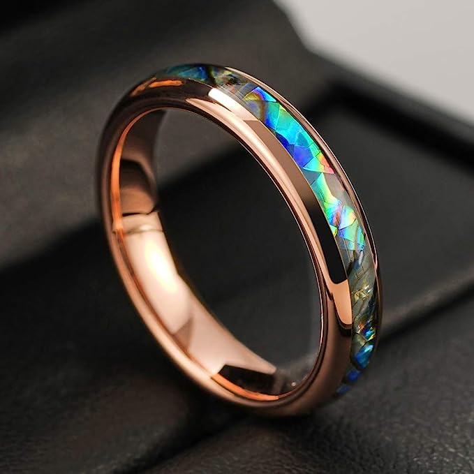 Genuine Carbide Tungsten Color:   Rose Gold 4mm RING Abalone Shell Inlay Polished Shiny Comfort Fit Wedding Band Size 6-15