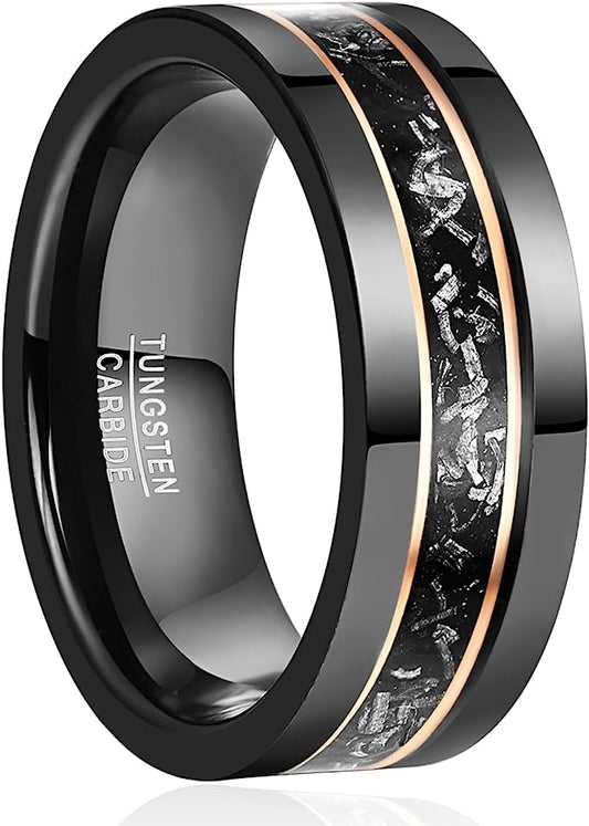 Genuine Carbide Tungsten Color: Black Rose Gold Strips and Meteorite  Center Inlay 8mm RING Polished Shiny Comfort Fit Wedding Band Size Size 7-12