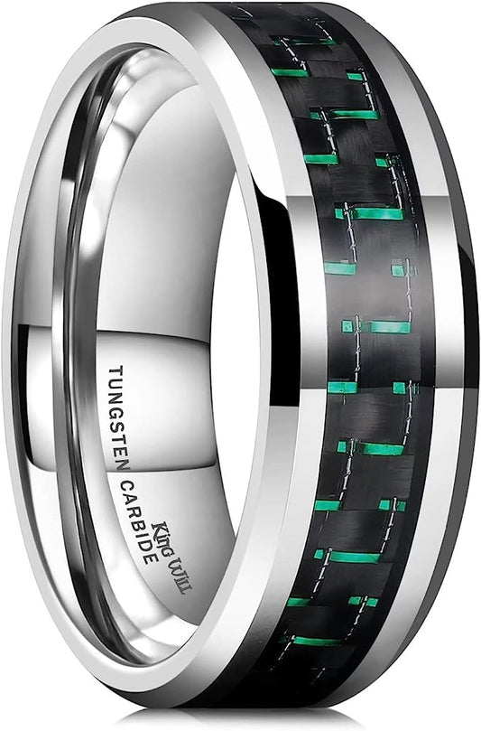 Genuine Carbide Tungsten 8mm Ring Silver-with Green Black carbon fiber inlay, Comfort Fit wedding band Size 6-15