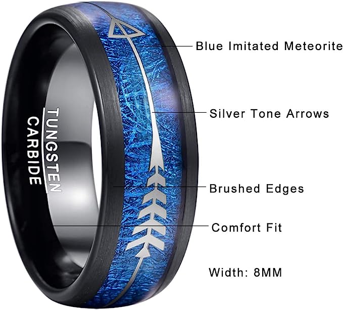 Genuine Carbide Tungsten Color: Black with Blue Imitated Meteorite and Arrows Center Inlay 8mm RING Polished Shiny Comfort Fit Wedding Band Size Size 7-12