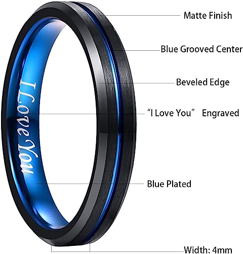 Genuine Tungsten Carbide 4mm Ring - Brushed matte finish, thin blue line and beveled edge  Comfort Fit Size 6-15