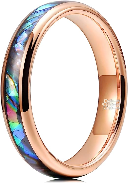 Genuine Carbide Tungsten Color:   Rose Gold 4mm RING Abalone Shell Inlay Polished Shiny Comfort Fit Wedding Band Size 6-15