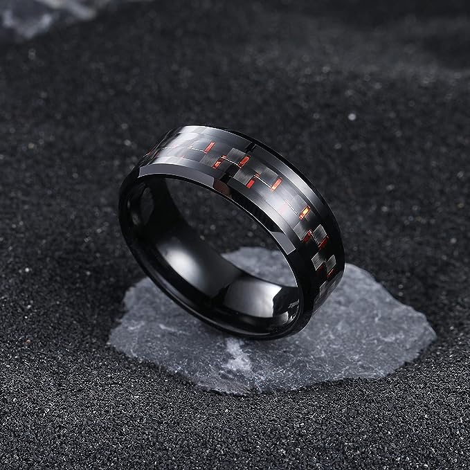 Genuine Carbide Tungsten Color: 8mm Black Red Carbon fiber Inlay High polished inner-face design smooth and shiny. Comfort Fit Wedding Band Size 6-15