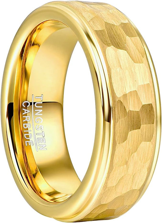 Genuine Carbide Tungsten Color: GOLD Hammered BRUSHED 8mm RING Polished Shiny Comfort Fit Wedding Band Size Size 7-12