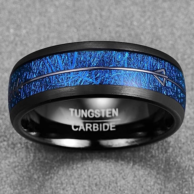 Genuine Carbide Tungsten Color: Black with Blue Imitated Meteorite and Arrows Center Inlay 8mm RING Polished Shiny Comfort Fit Wedding Band Size Size 7-12