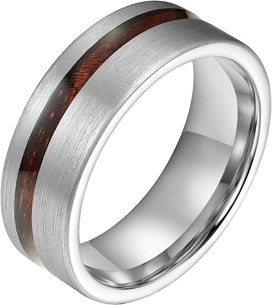 Genuine Carbide Tungsten Color: 8mm Silver Brushed Gorgeous with rosewood inlay Silver Inner high polished inner-face design smooth and shiny. Comfort Fit Wedding Band Size 6-15