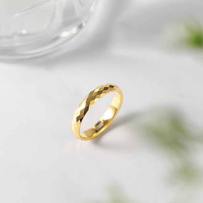 Genuine Carbide Tungsten Color: GOLD Faceted Edge Center 4mm RING   High Polish inner face makes it smooth and shiny Comfort Fit Wedding Band Size 6-15