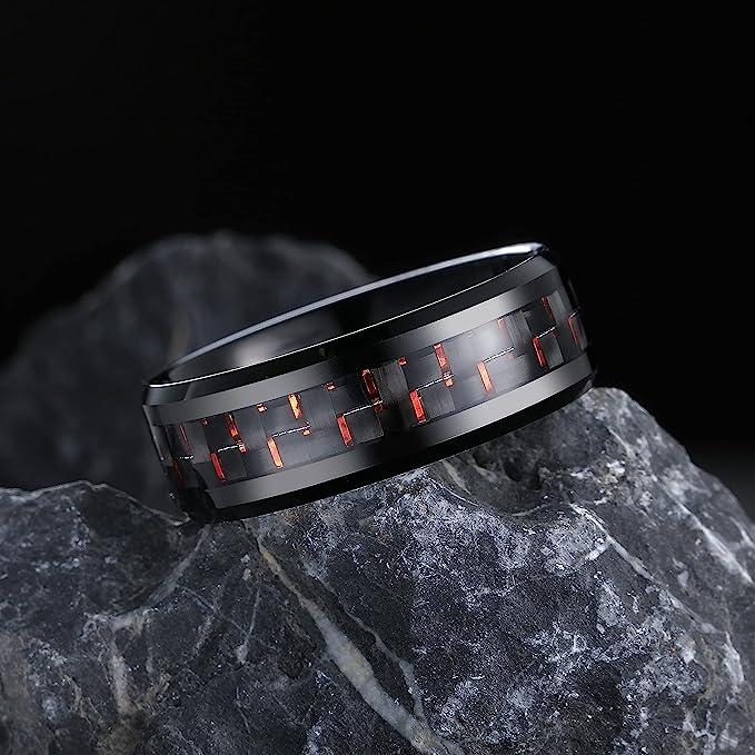 Genuine Carbide Tungsten Color: 8mm Black Red Carbon fiber Inlay High polished inner-face design smooth and shiny. Comfort Fit Wedding Band Size 6-15